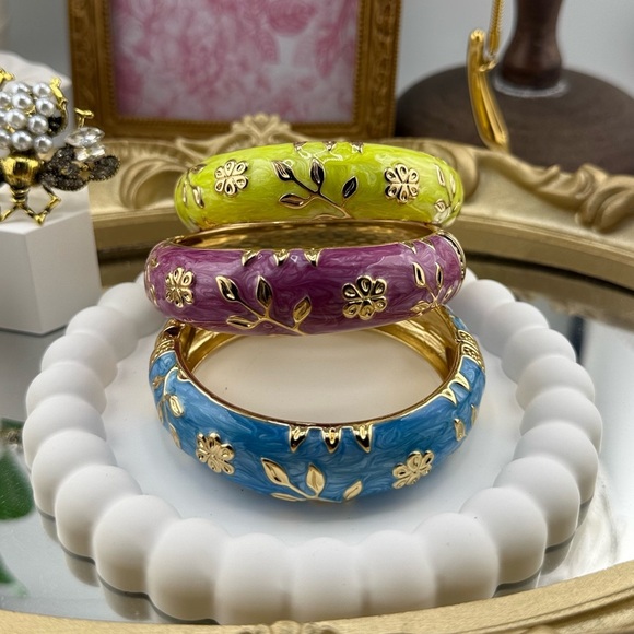 Floral Hand Painted Enamel Bangle - Blue - Picture 3 of 7